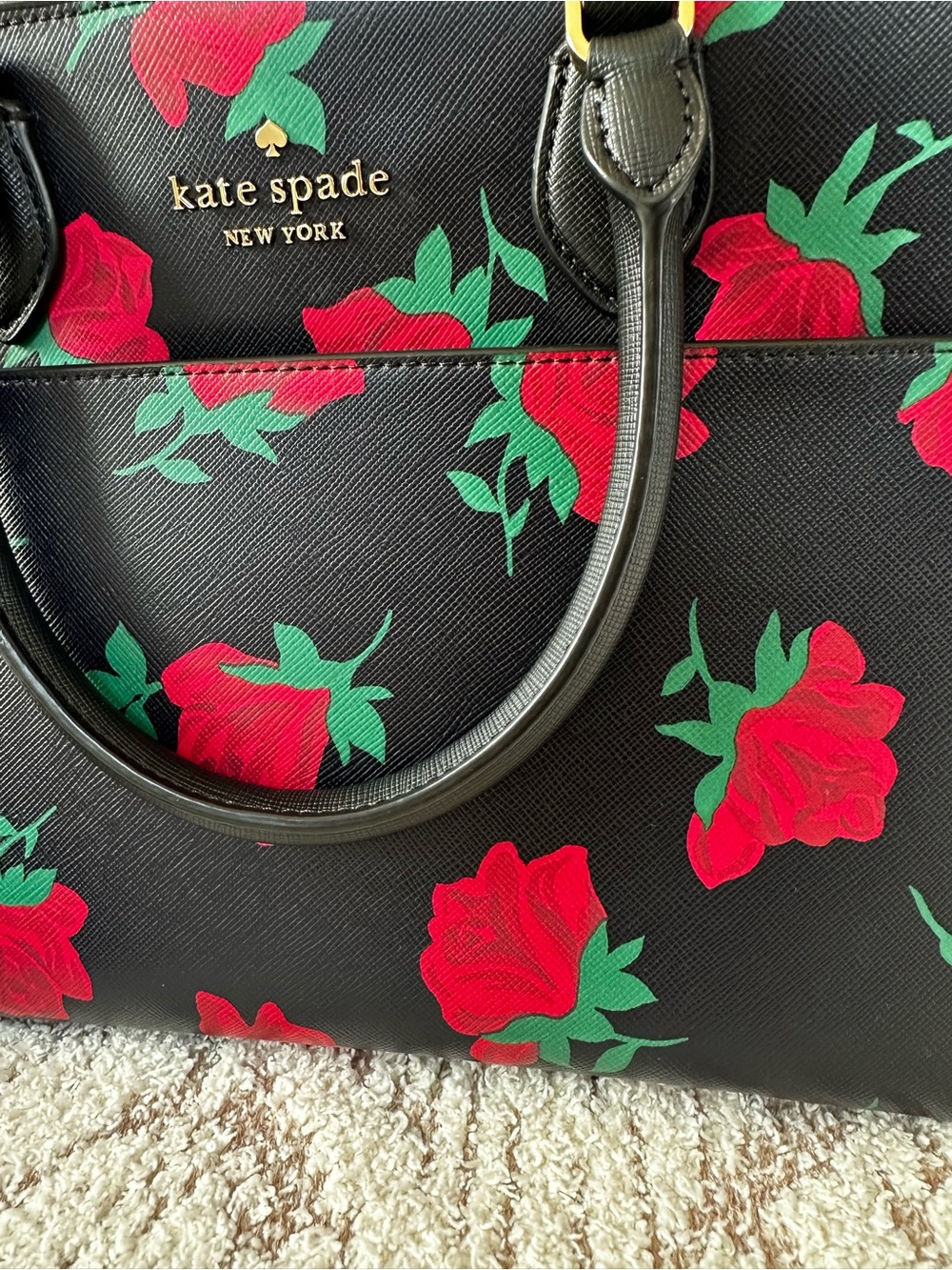 Kate Spade New York satchel stunning black leather bold red rose print EUC - Picture 7 of 17